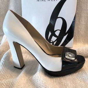 Nine West Black and White Leather Platform Heel